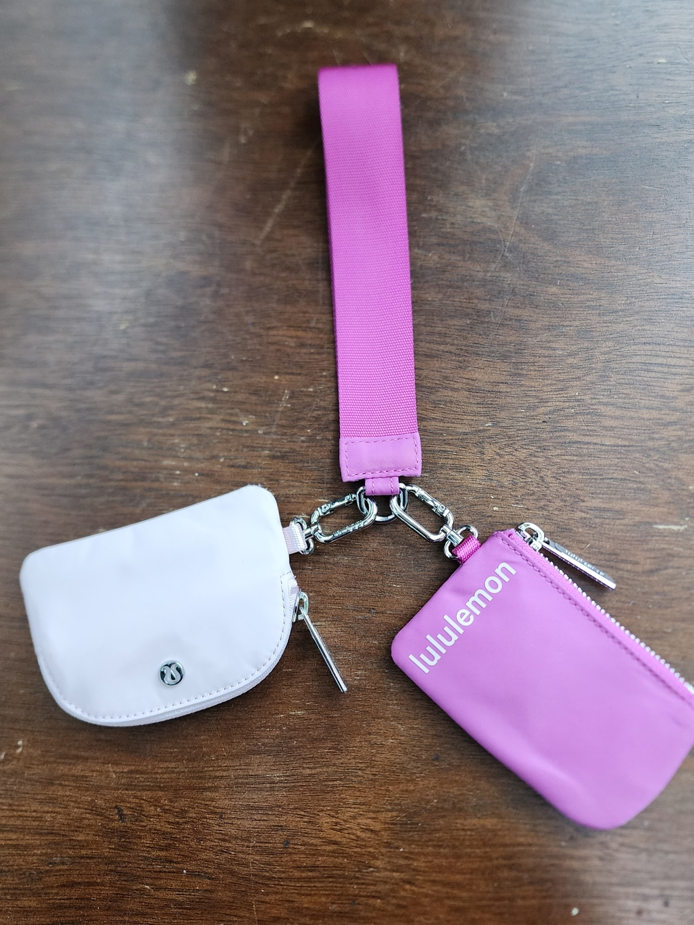 Lululemon Dual Pouch Wristlet Card Wallet Keychain Purple Pink EUC